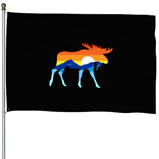 Camping Hiking Retro Mountains Outdoors Camp Moose House Flags