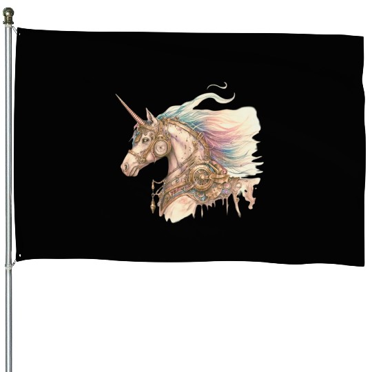 Steampunk Vintage Unicorn House Flags