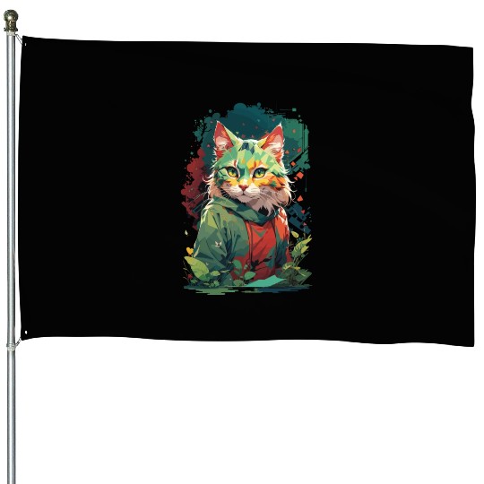 Cute Fantasy Color Splash Cat Design House Flags