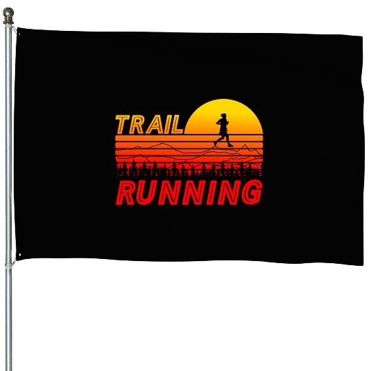 Trail running in orange sunset with mountains House Flags
