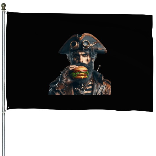 Steampunk Pirate Eating Burger House Flags