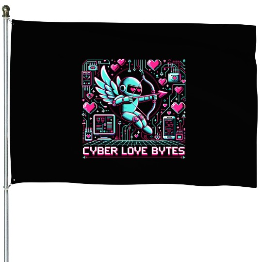 Cyber Love Bytes 8bit Cupid Robot and Neon Hearts House Flags