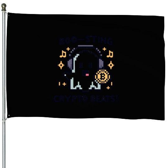 Quirky 8-Bit Ghost with Crypto Beats - Halloween House Flags