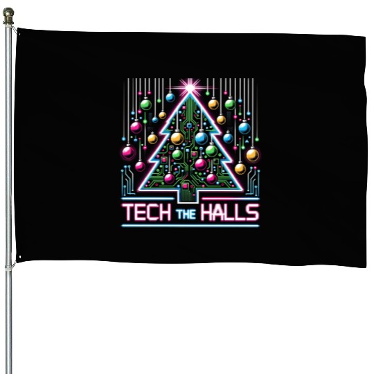Tech the Halls - Christmas Tree in 8-bit Neon House Flags
