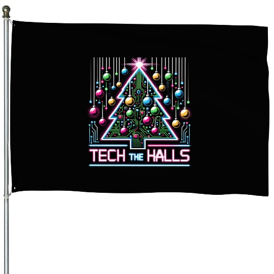 Tech the Halls - Christmas Tree in 8-bit Neon House Flags
