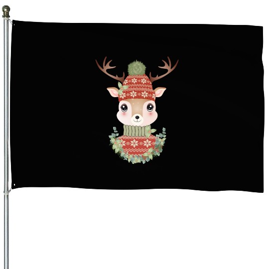 cute deer with sweater and Christmas wreath House Flags