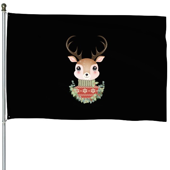 cute deer with sweater and Christmas wreath House Flags