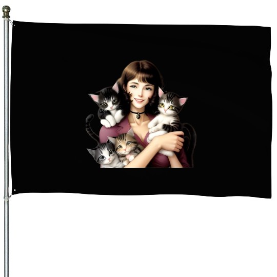 Pretty Cat Lady with Cute Kittens House Flags