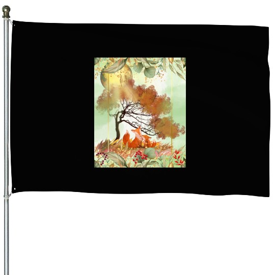 "Autumn Foxes - Tranquil Seasonal Scene" House Flags