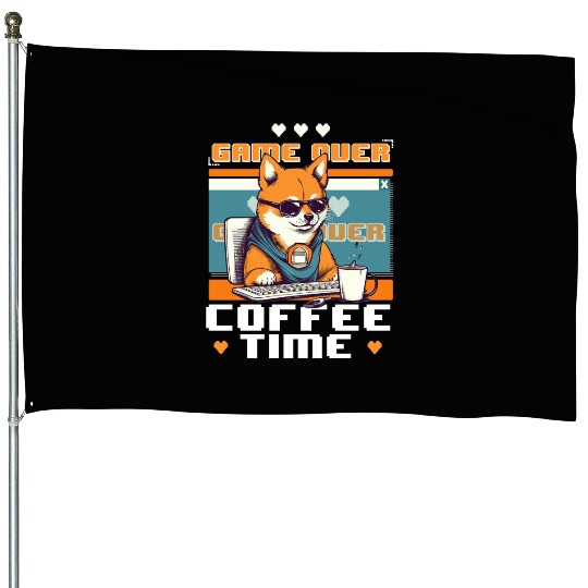 Game Over Coffee Time Funny Gamer Shiba Inu Gaming House Flags