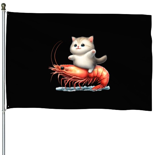 Cat rides on shrimp House Flags