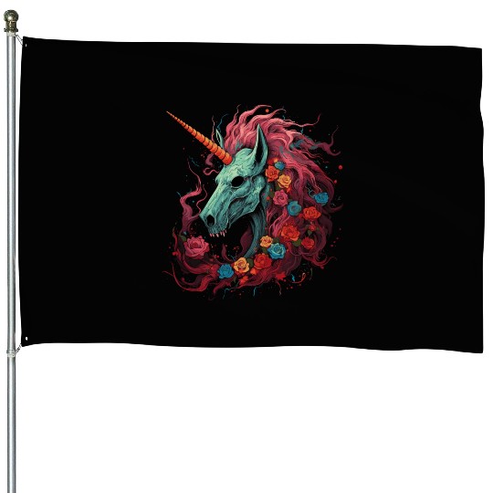 scary unicorn and flowers House Flags