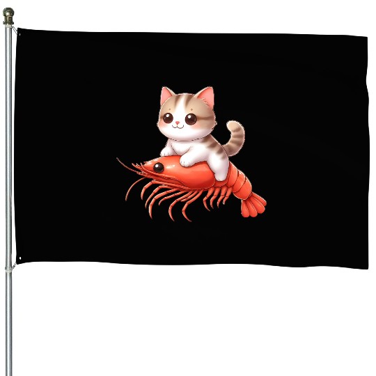 Cat rides on shrimp House Flags