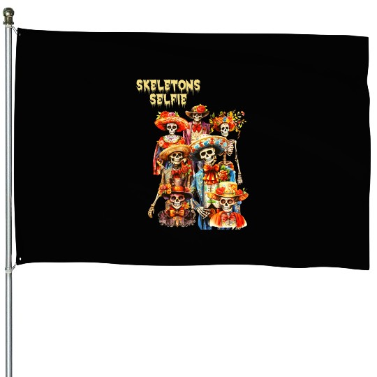 Mexican Holiday Day of the Dead Skeletons Selfie House Flags