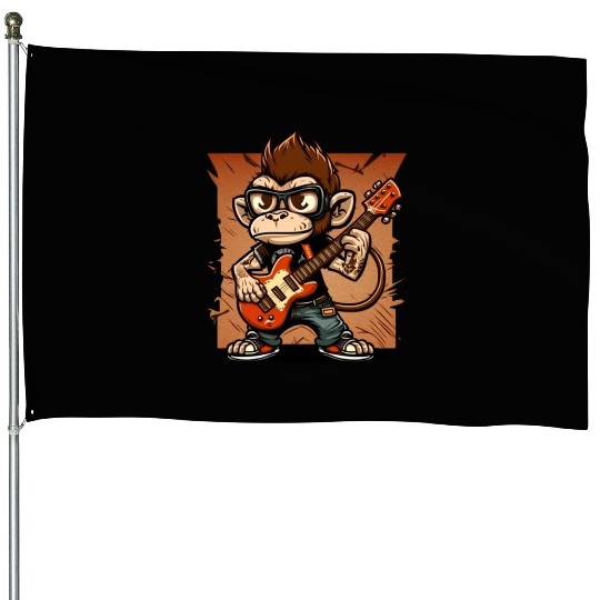 Monkey Chimpanzee Playing Acousitc Rock Guitar House Flags