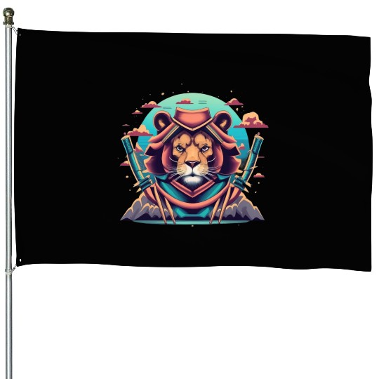 Cartoon lion warrior with a hat House Flags