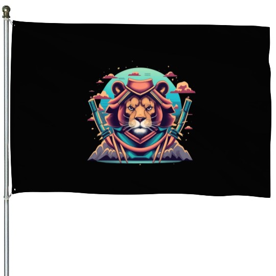 Cartoon lion warrior with a hat House Flags