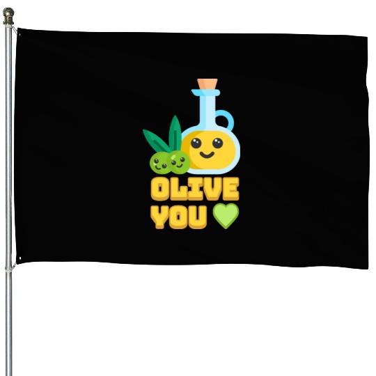 Olive You! Cute Olive I Love You Cartoon House Flags