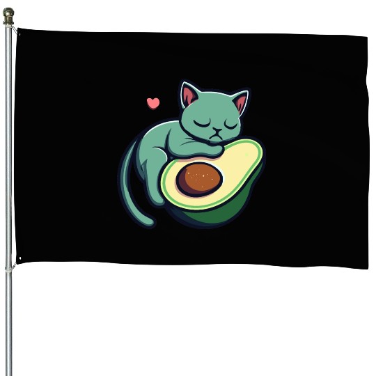 Green Cat Sleeping On An Avocado With Heart House Flags