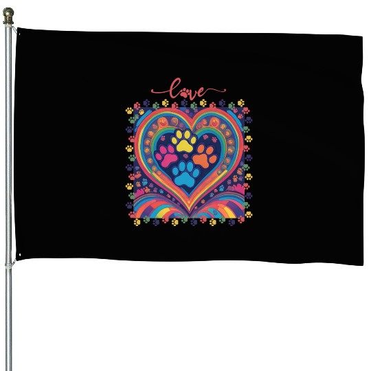 Rainbow Heart Love paw prints House Flags