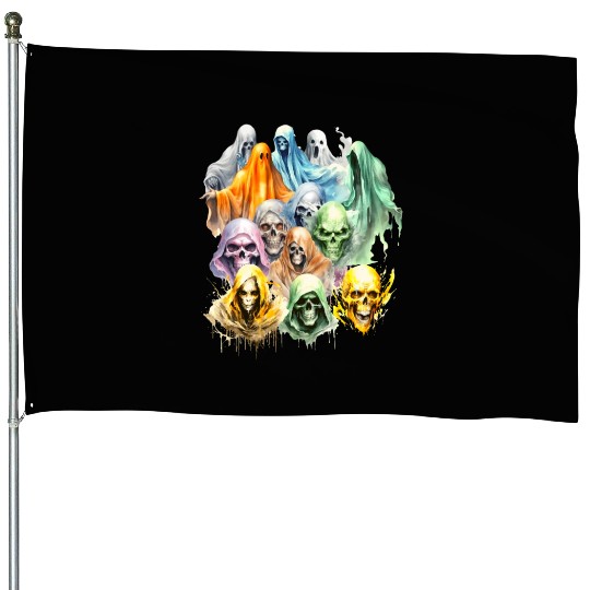 Scary Halloween Vintage Ghosts Skulls and Ghouls House Flags