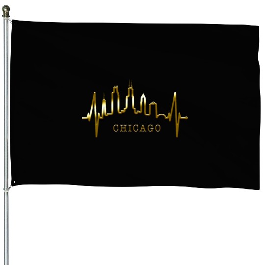 Chicago Skyline Heartbeat USA Heart I Love Chicago House Flags