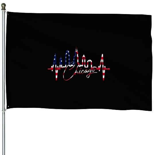 Chicago Skyline Heartbeat USA Heart I Love Chicago House Flags
