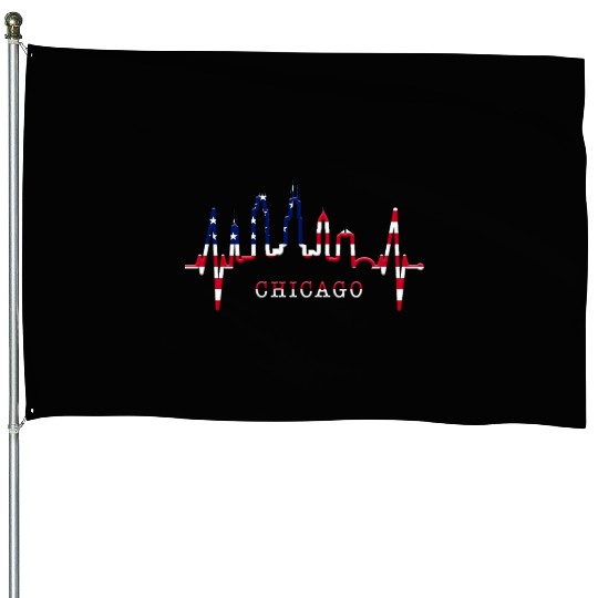 Chicago Skyline Heartbeat USA Heart I Love Chicago House Flags