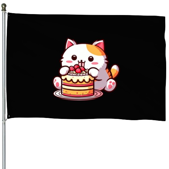 Cherry Cake Delight: Sweet Comic Cat Indulges House Flags