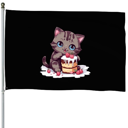 Cherry Cake Delight: Sweet Comic Cat Indulges House Flags