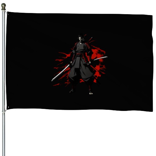 Anime Samurai Hero in Black Kimono House Flags