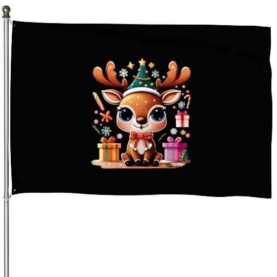 Cute Reindeer Merry Christmas Gift Happy Holidays House Flags