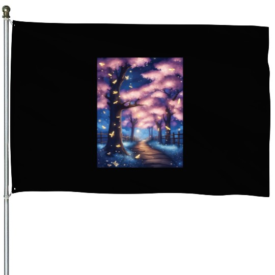 Fireflies In Cherry Blossom Trees House Flags