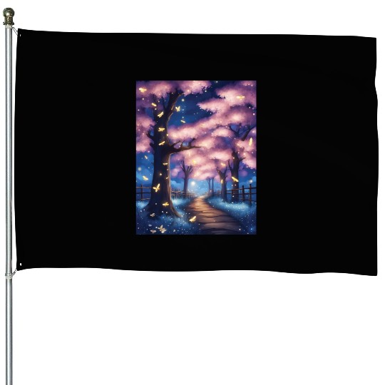 Fireflies In Cherry Blossom Trees House Flags