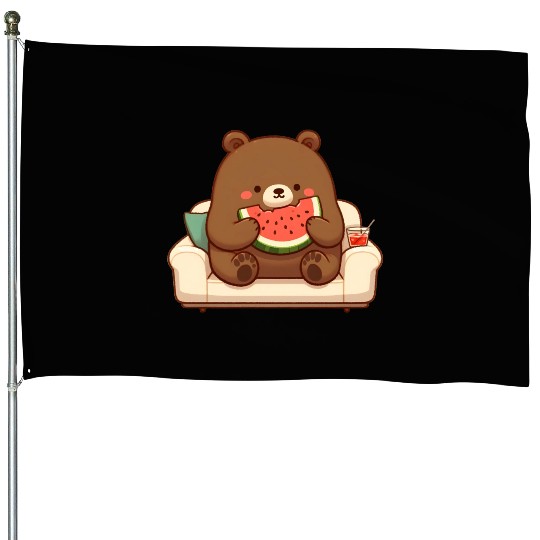 Cosy bear enjoying watermelon House Flags