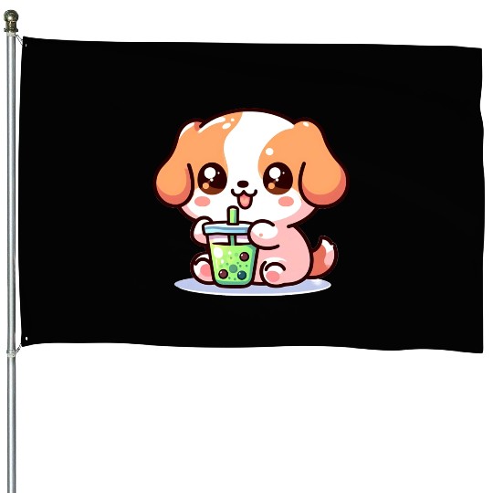 Playful dog with bubble tea House Flags