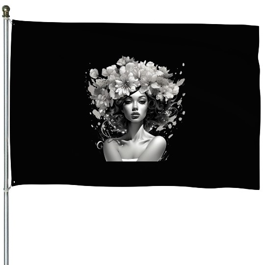 Woman with flowers on her head House Flags