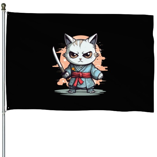 Cute Samurai Cat Kawaii Japanese Ronin Aesthetic A House Flags