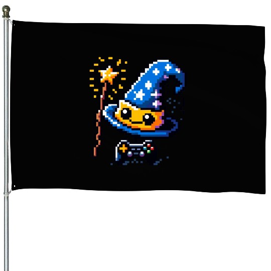 Gamer Wizard 8-Bit Hat with Controller Wand House Flags