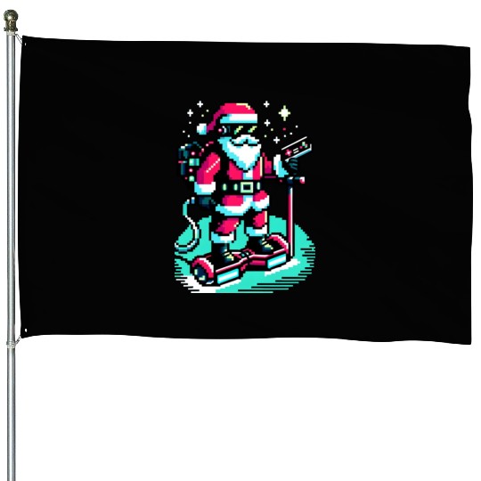 Witty 8-Bit Cyberpunk Santa House Flags