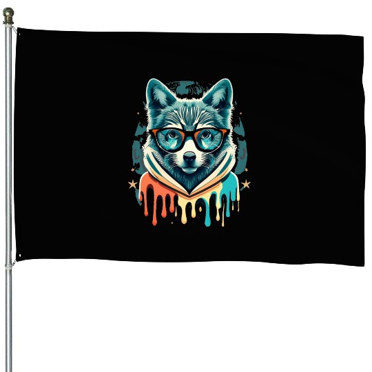 Hipster Wolf Drip House Flags