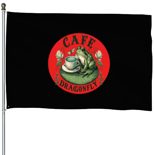 Cafe Dragonfly: Whimsical Serene Frog on Lily Pad House Flags