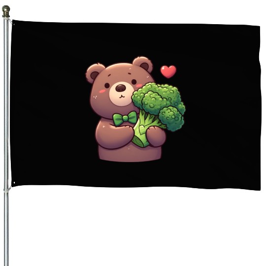 Bear in love hugs huge broccoli House Flags