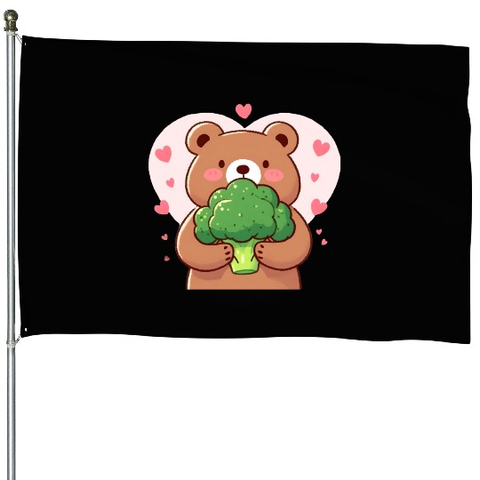 Bear in love hugs huge broccoli House Flags