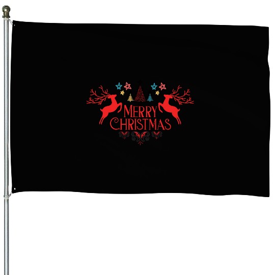 Happy Christmas Two Deer's and tree red color logo House Flags