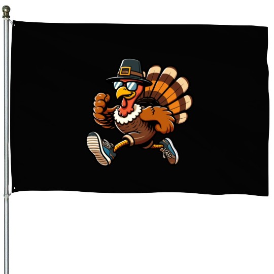 Running Turkey- Turkey Trot Running Thanksgiving House Flags