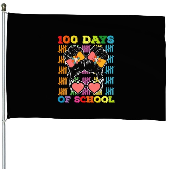 100 Days Of School Messy Bun Teacher House Flags
