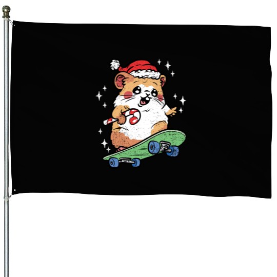 CUTE HAMSTER RIDING SKATEBOARD House Flags
