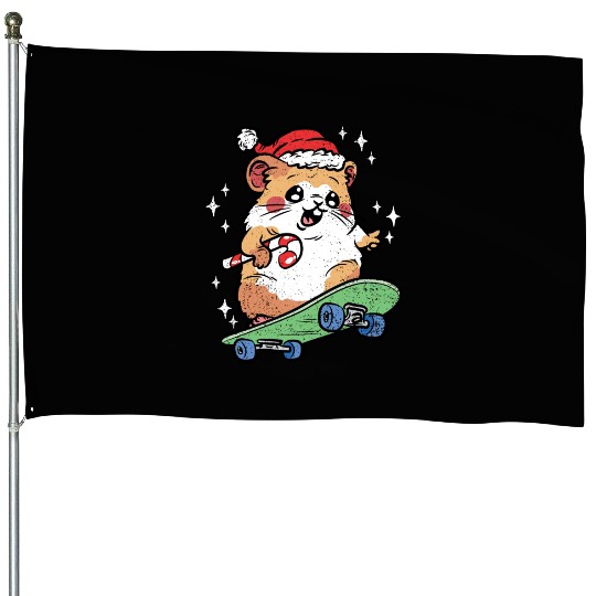 CUTE HAMSTER RIDING SKATEBOARD House Flags