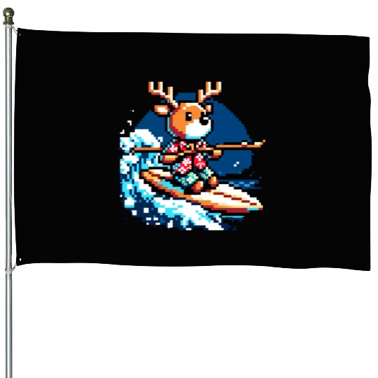 Surfing Reindeer: 8-Bit Holiday Wave House Flags
